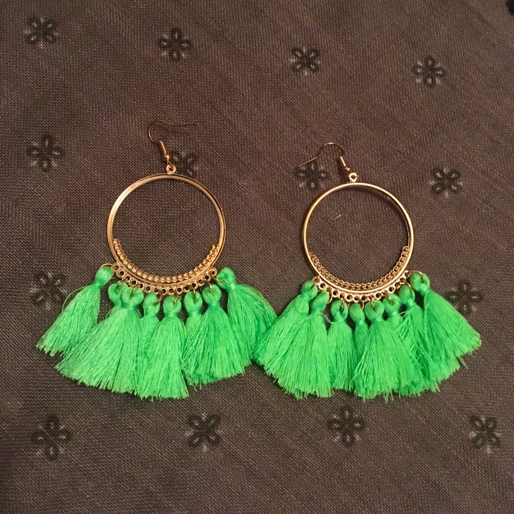 Neon Green and Gold Tone Fan Shaped Earrings